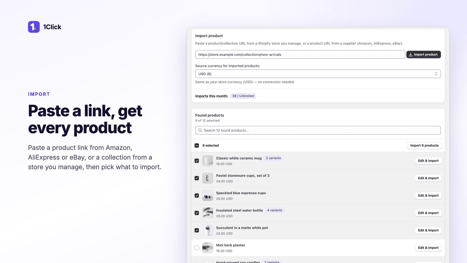 Paste a link, get every product: 1Click import page with found products