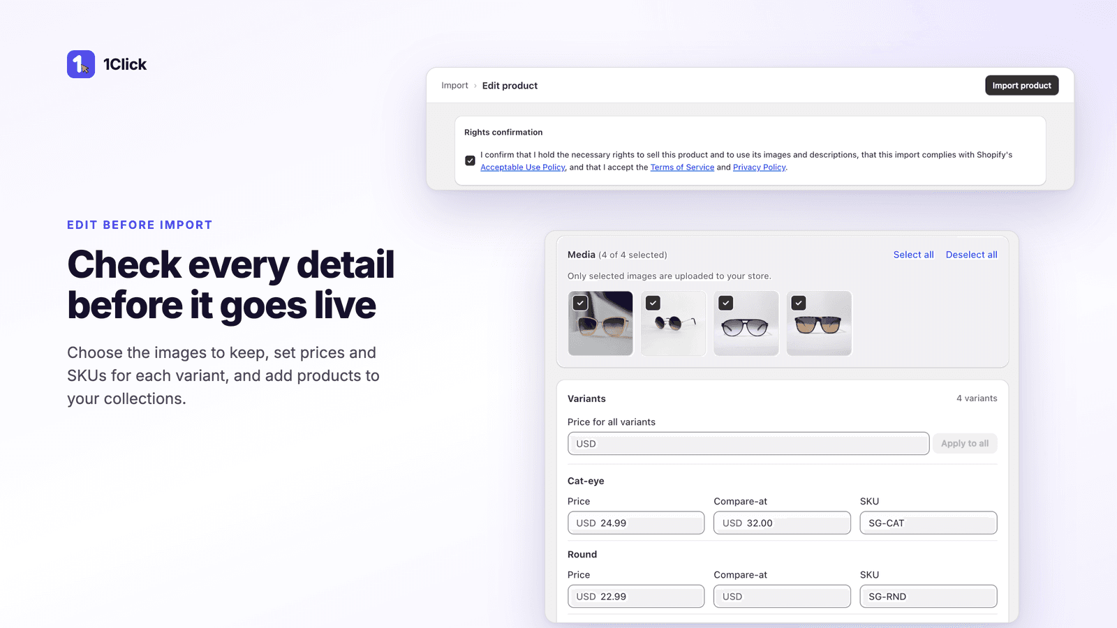 Check every detail before it goes live: 1Click product editor