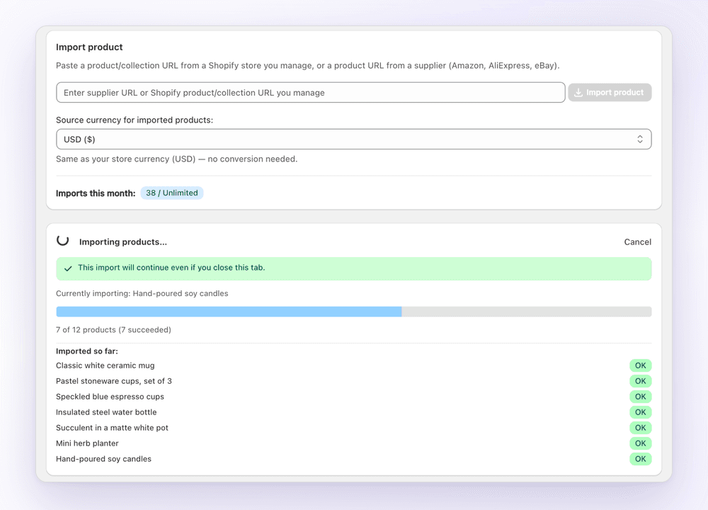 1Click bulk import in progress: 7 of 12 products imported, continuing in the background