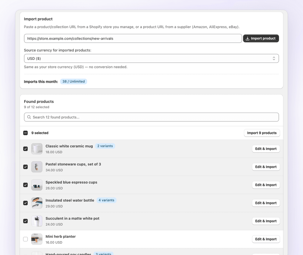 1Click import page: a collection URL pasted, source currency set to USD, and 9 of 12 found products selected