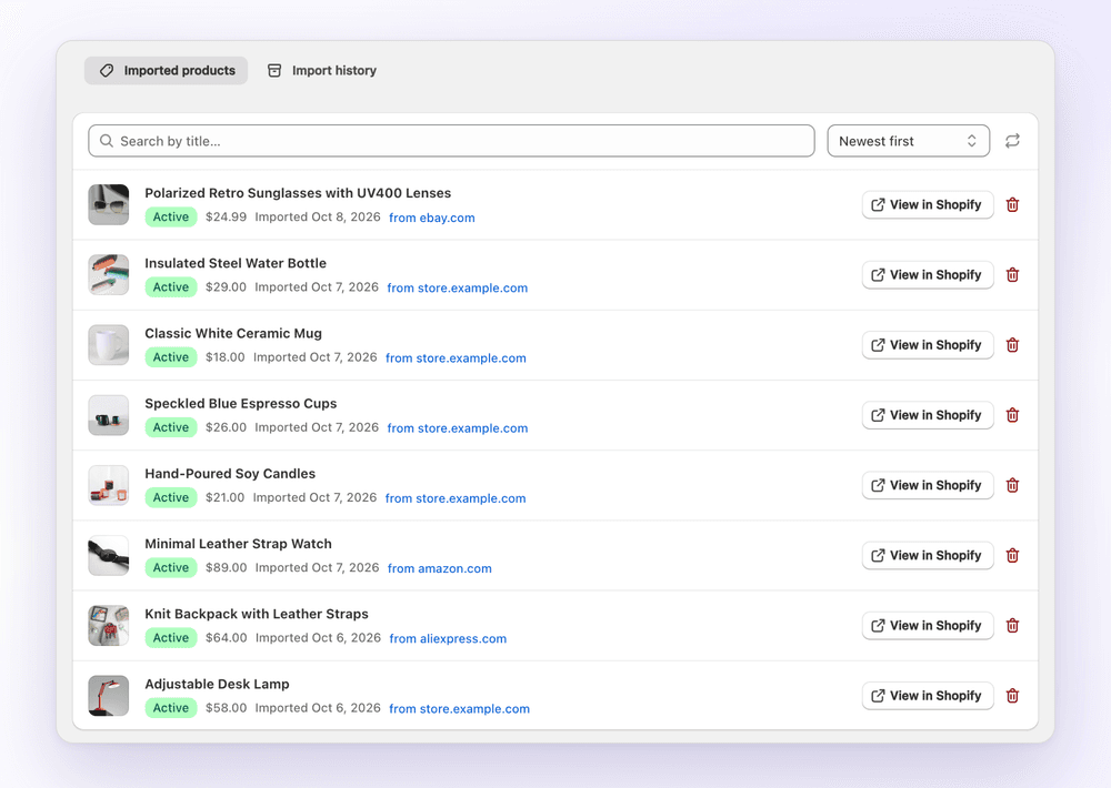 1Click imported products list showing price, import date and source store for each product