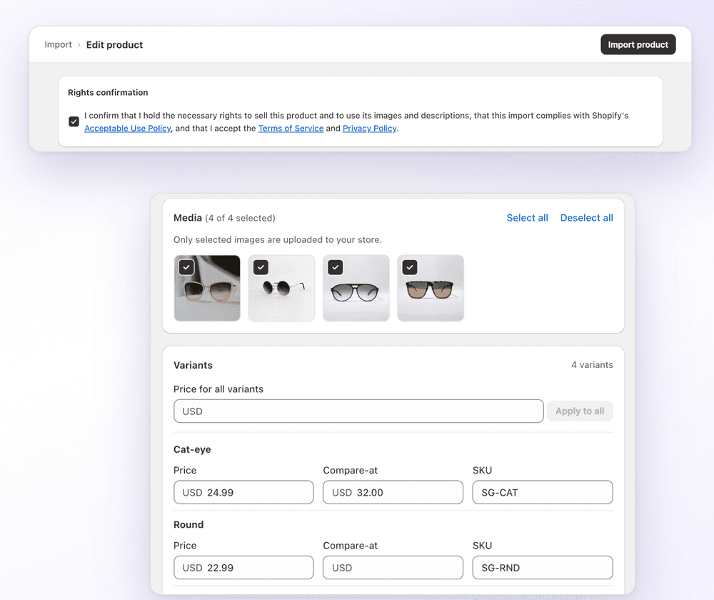 1Click product editor with image selection, a rights confirmation and per-variant price, compare-at price and SKU fields
