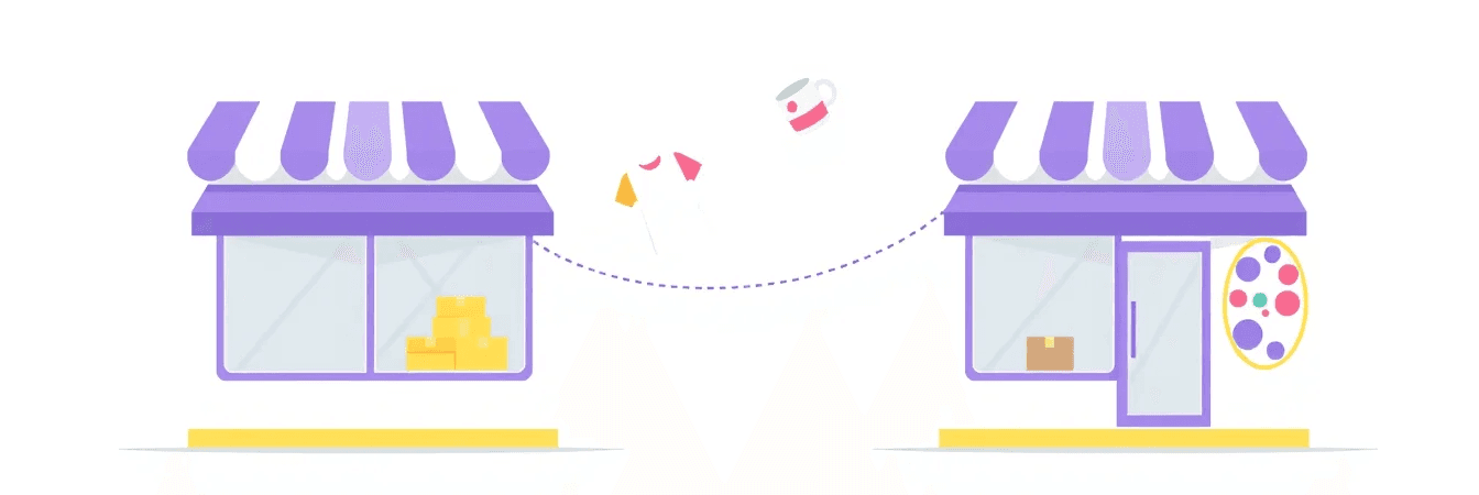 Illustration: products moving from one Shopify store to an identical duplicate store